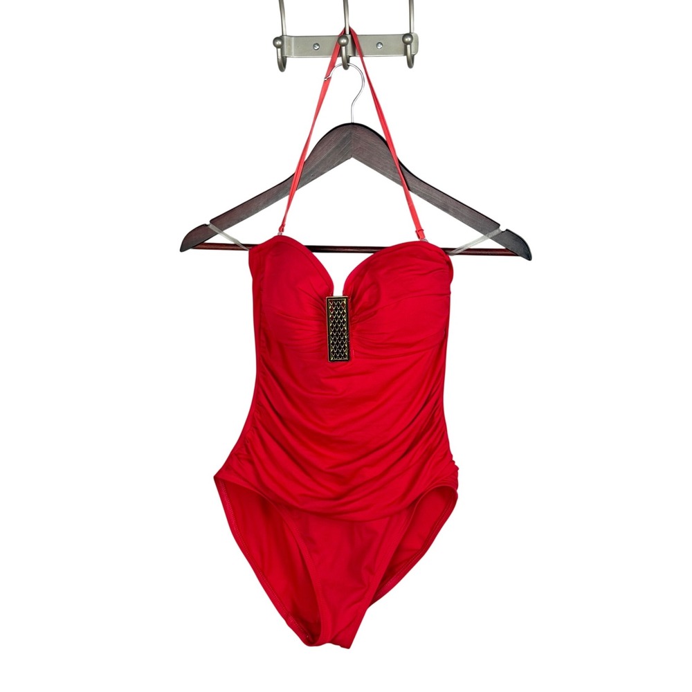 La Blanca Women Red Ruched One Piece Swimsuit Gold Hardware Halter Size 6
